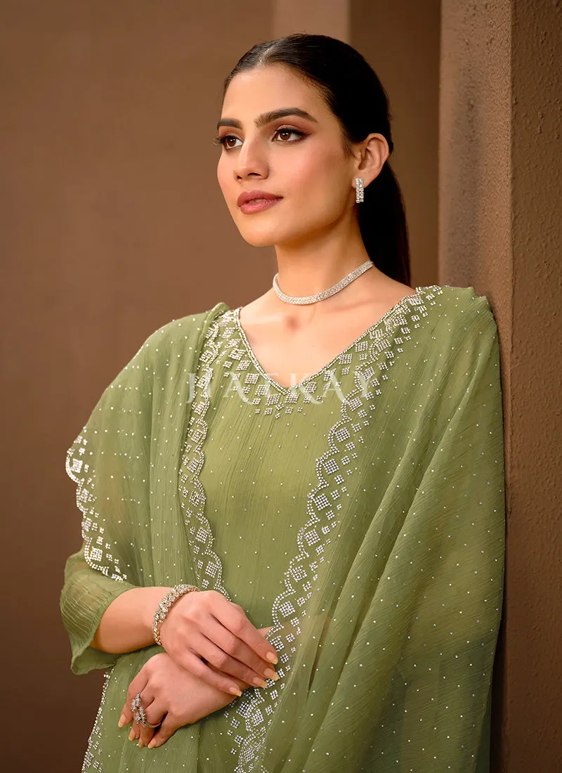 Mist Green Crystal Embroidered Pant Style Suit